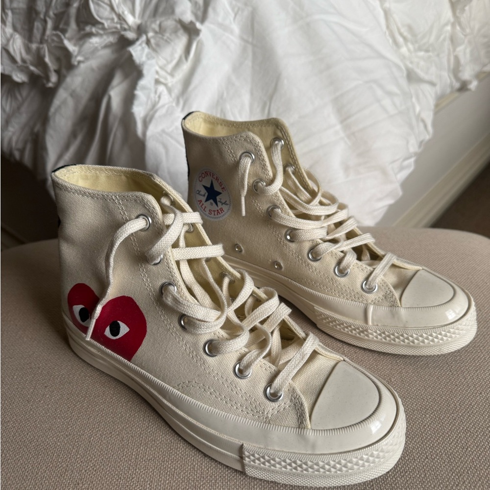 Converse High Top Sneakers in Cream with Red Heart Graphic